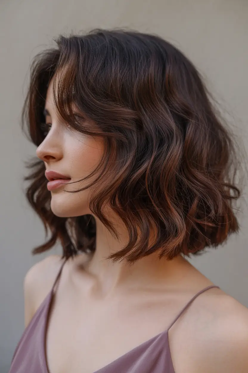 chocolate brown hair color 2026 Soft Waves in a Short Chocolate Bob