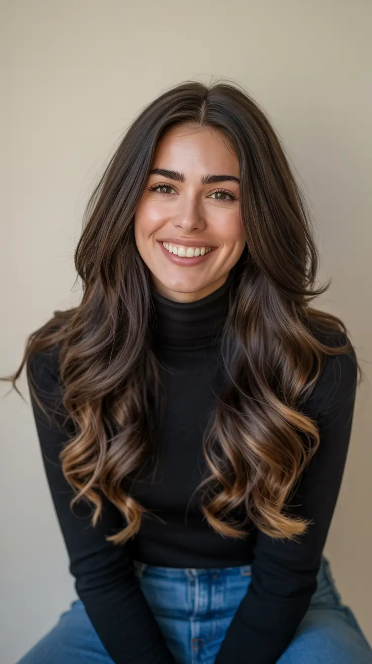 chocolate brown hair color 2026 Long Cocoa Layers with Subtle Balayage