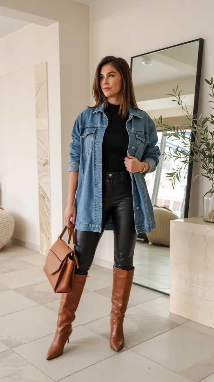 cute outfits with leggings Denim Layers & Leather Legs