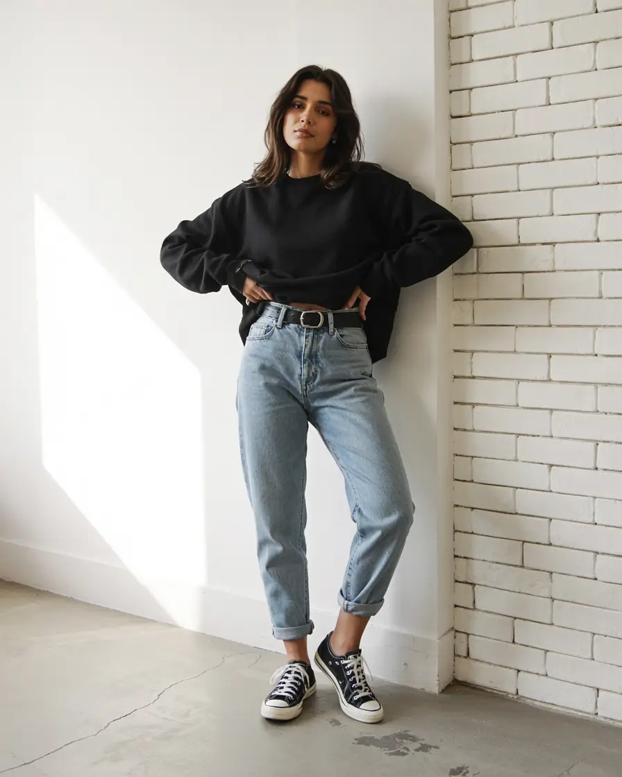 every day outfits 2026 Black Sweatshirt Simplicity with Denim Ease