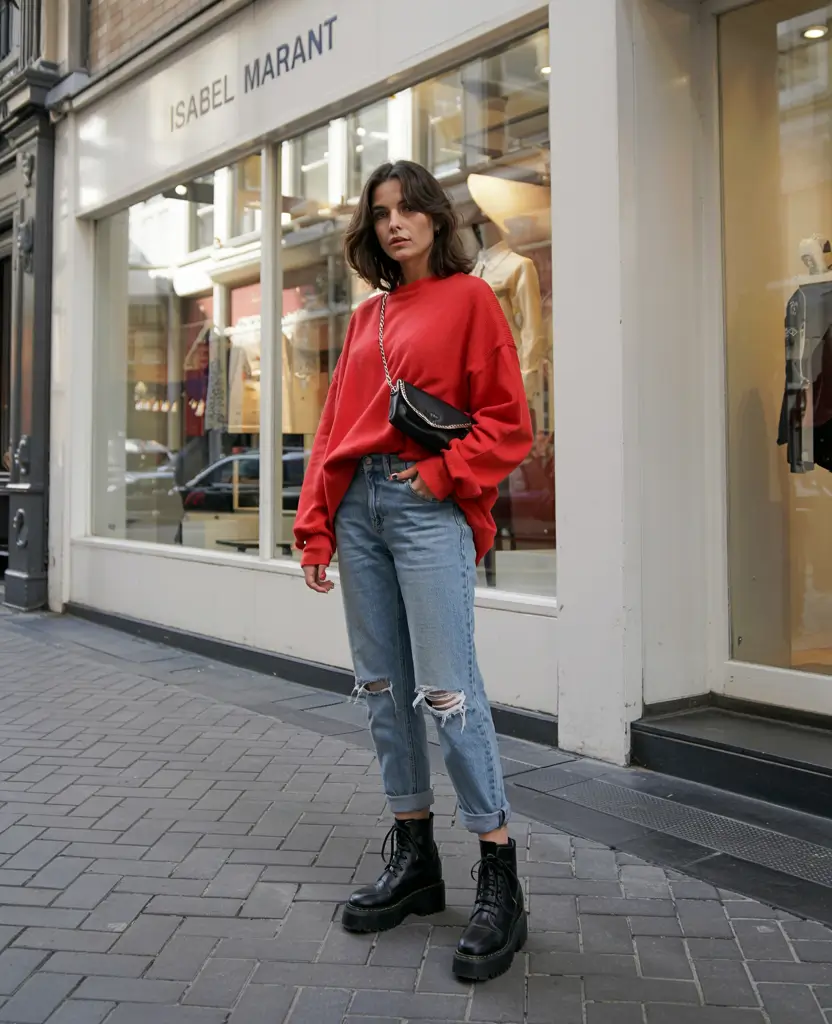 every day outfits 2026 Red Sweater Boldness with Casual Denim Edge