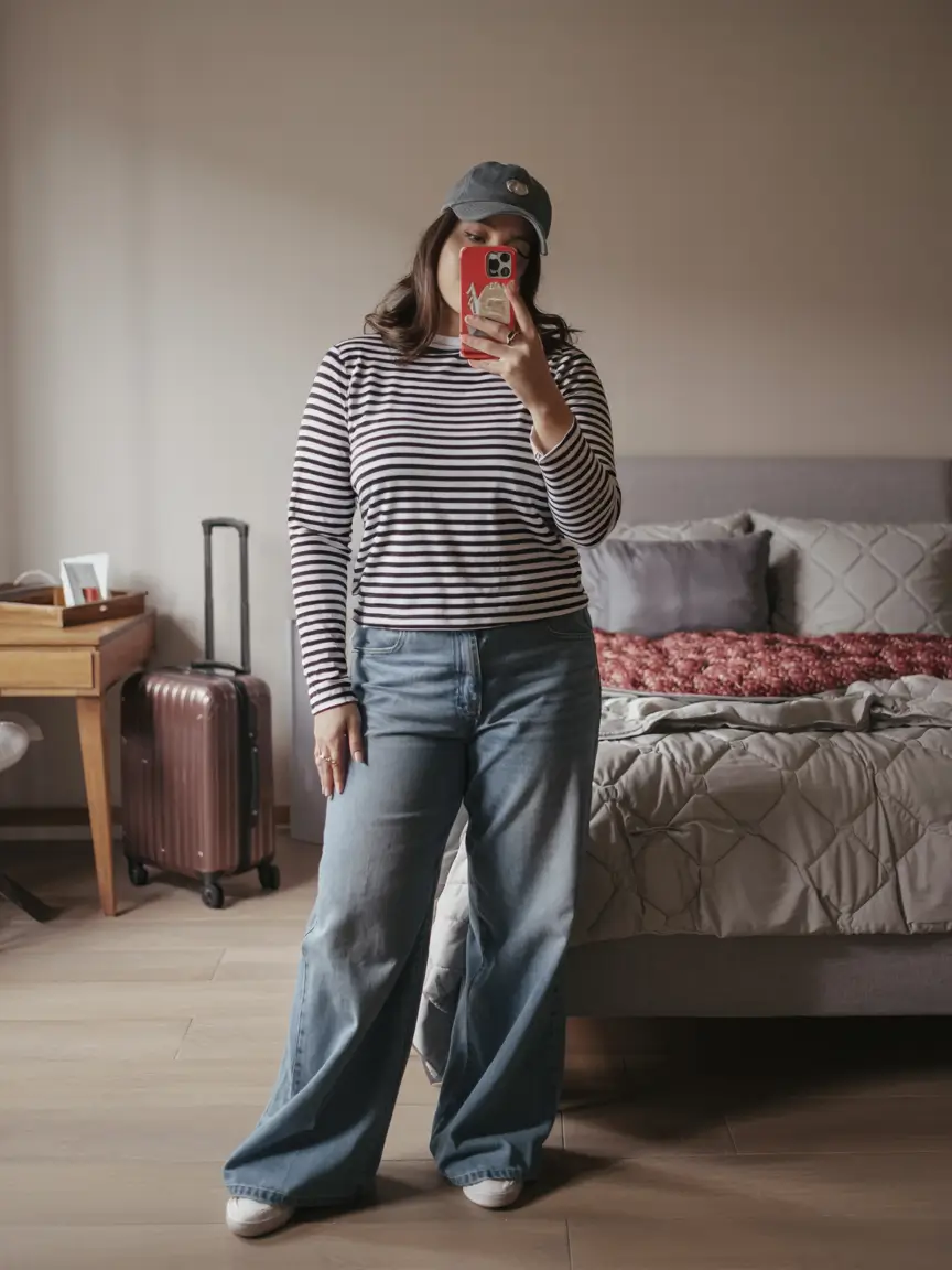 outfits midsize casual Classic Stripes and Wide-Leg Ease