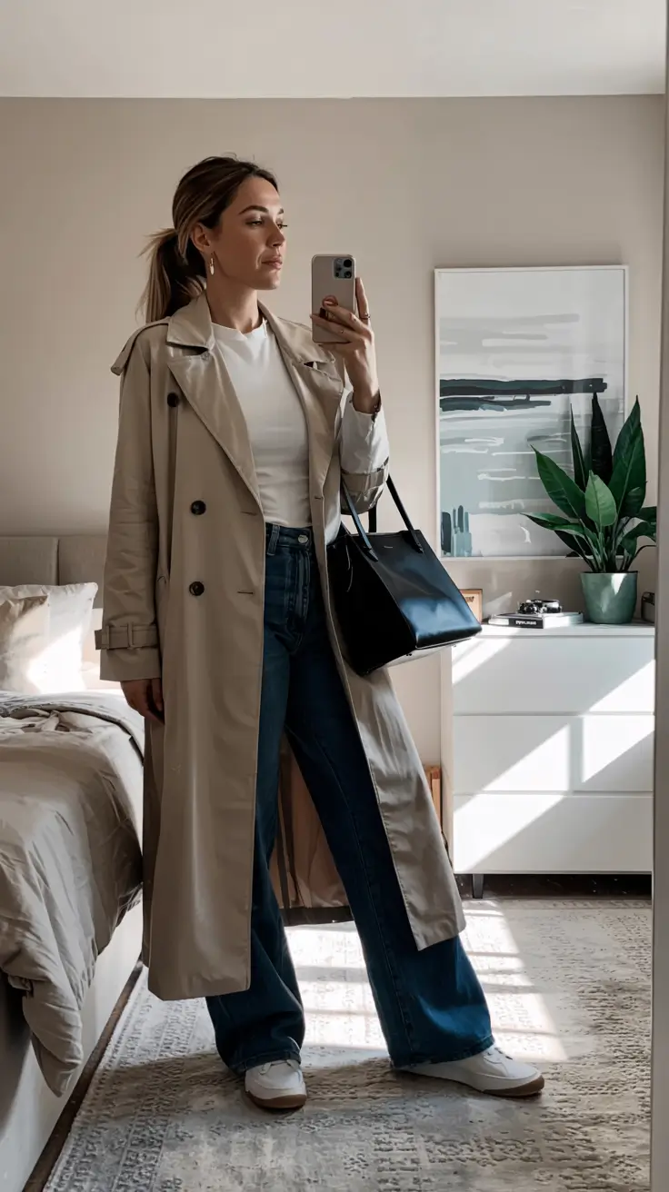 outfits midsize casual Trench Coat Elegance for a Soft Natural Fall