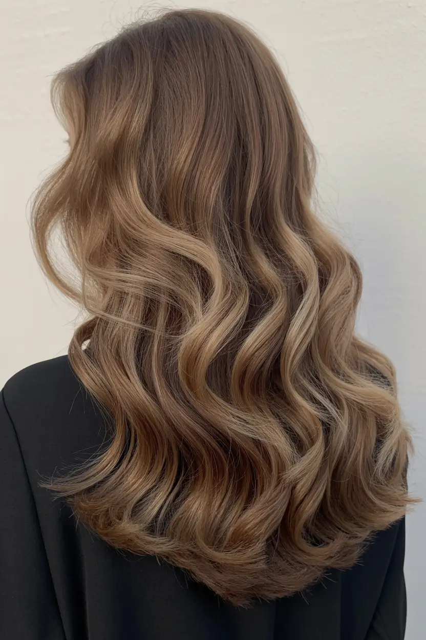 dark brown hair color 2026 Soft Beige Brown With Airy Blonde and Caramel Touches