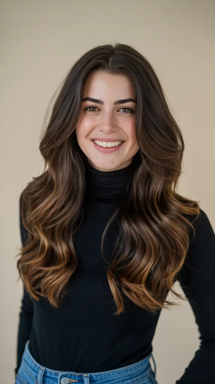 dark brown hair color 2026 Honey Tipped Brunette Waves