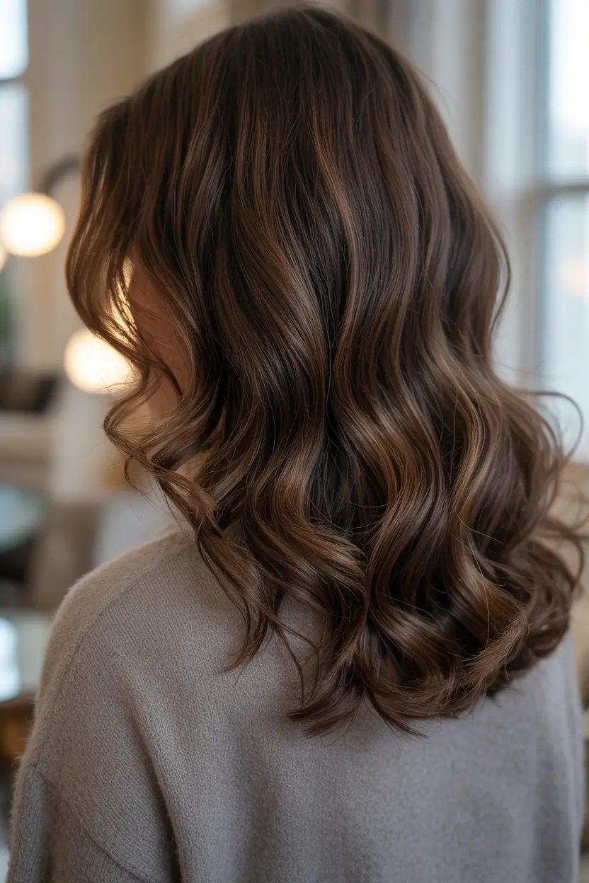 dark brown hair color 2026 Subtle Mocha Brown With Gentle Face-Framing Waves