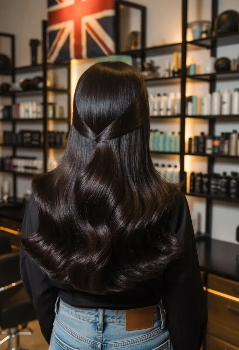 dark brown hair color 2026 Midnight Ribbon Half-Up Style