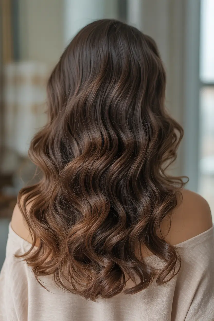 dark brown hair color 2026 Melted Caramel Brunette Waves