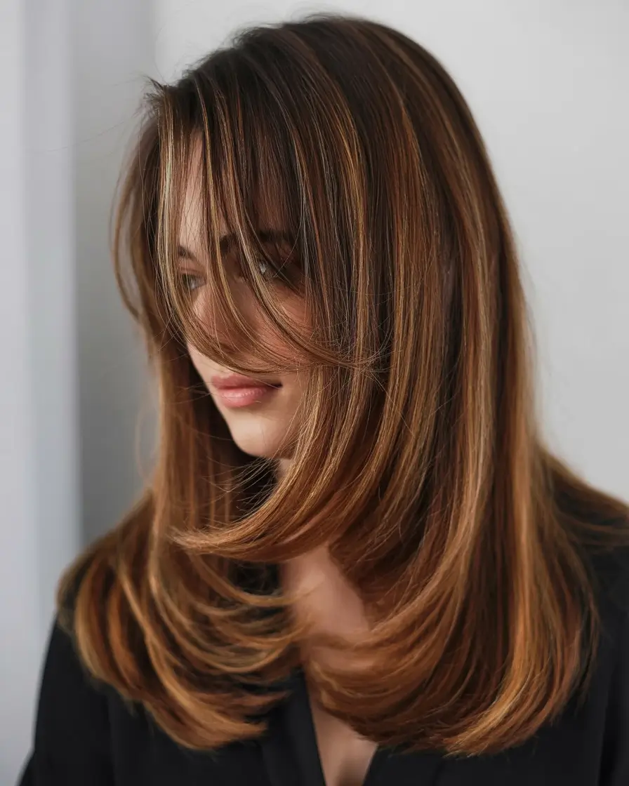 dark brown hair color 2026 Layered Brunette Caramel Veil