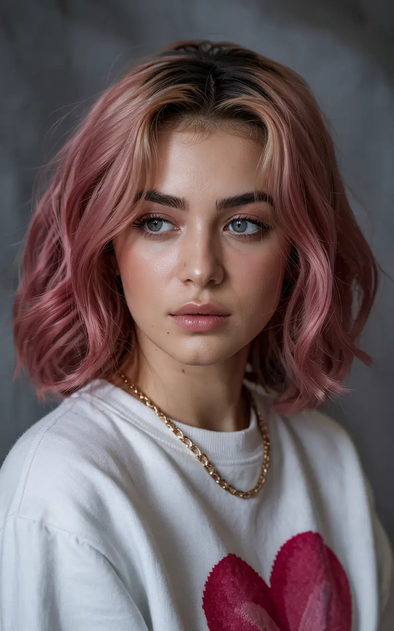 hair color ideas 2026 Dusty Pink Bob with Edge