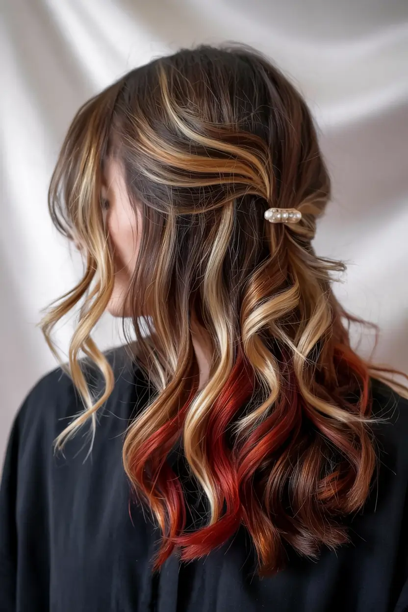 hair color ideas 2026 Golden Brunette with Fiery Ends