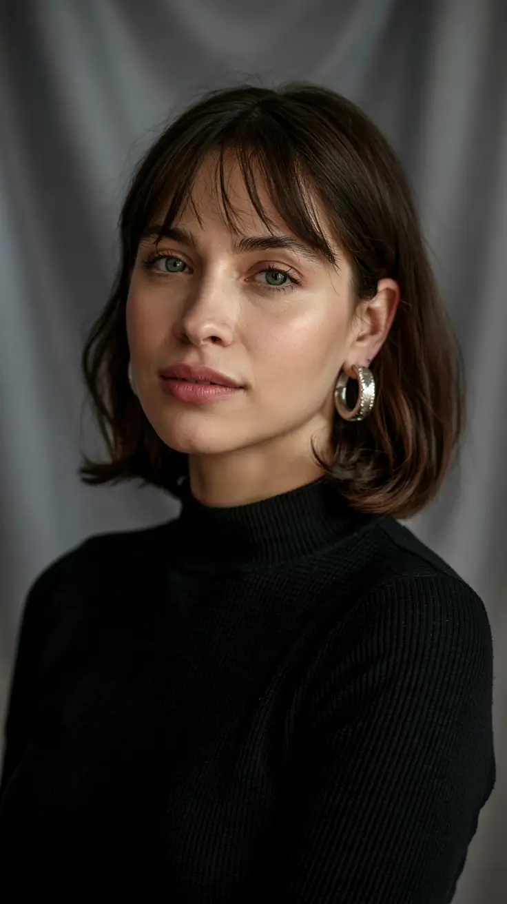 haircut for round face 2026 Modern Parisian Bob with Fine Fringe