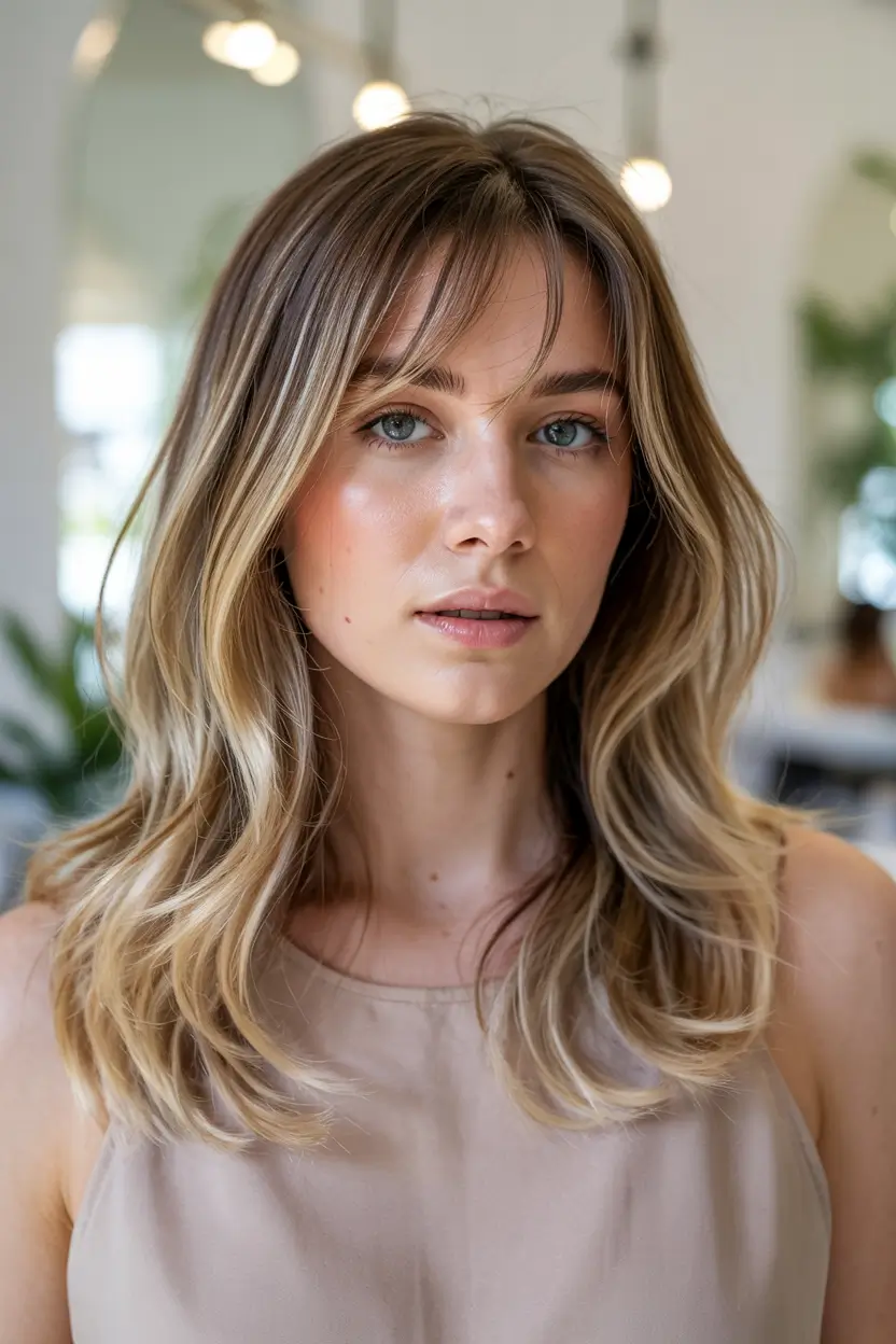 haircut for round face 2026 Soft Blonde Layers with Fringe
