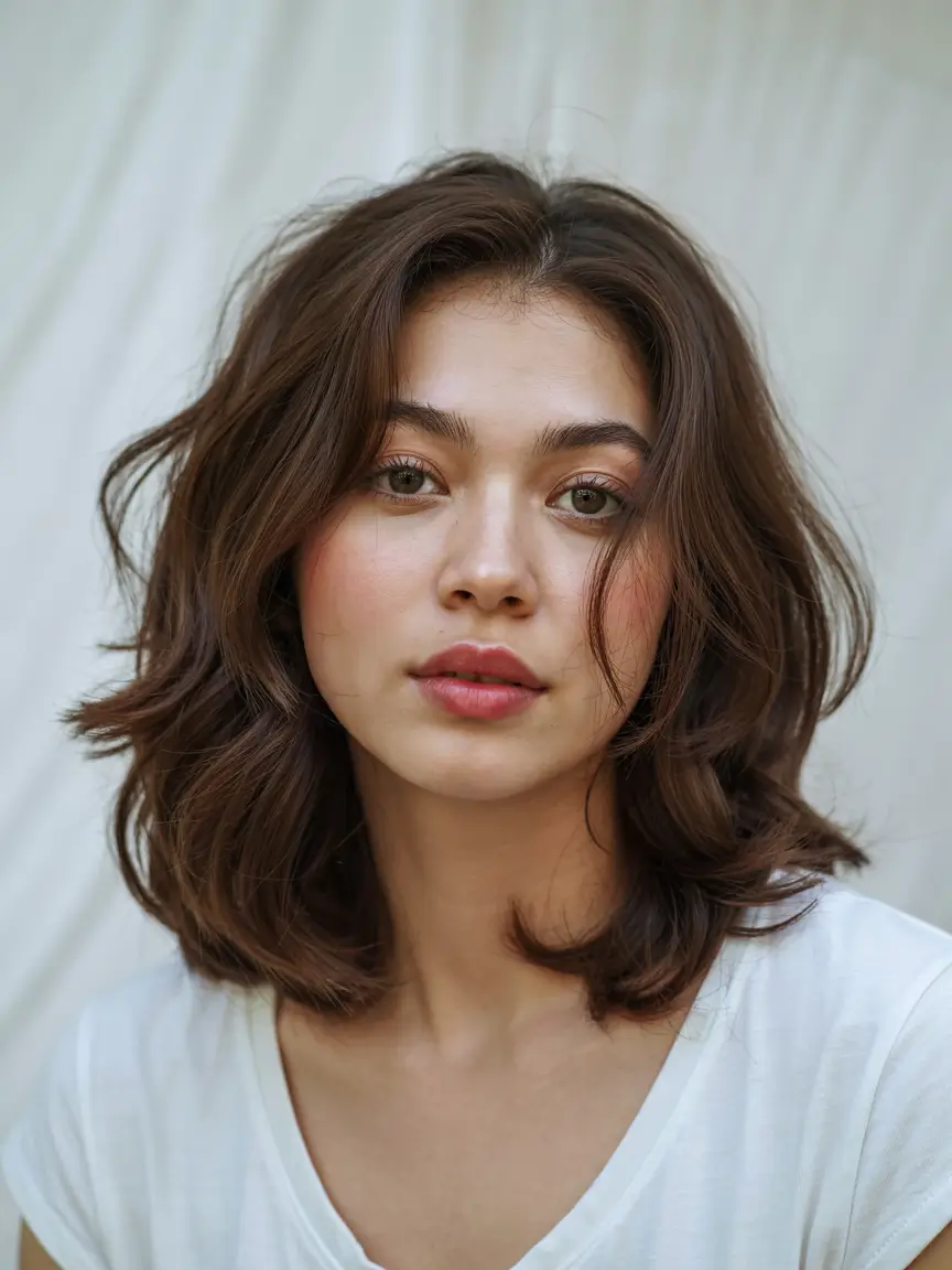 haircut for round face 2026 Tousled Chocolate Mid Length