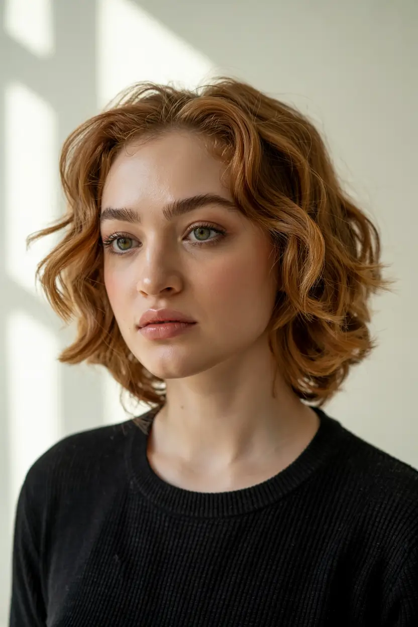 haircut for round face 2026 Short Curly Bob with Copper Glow
