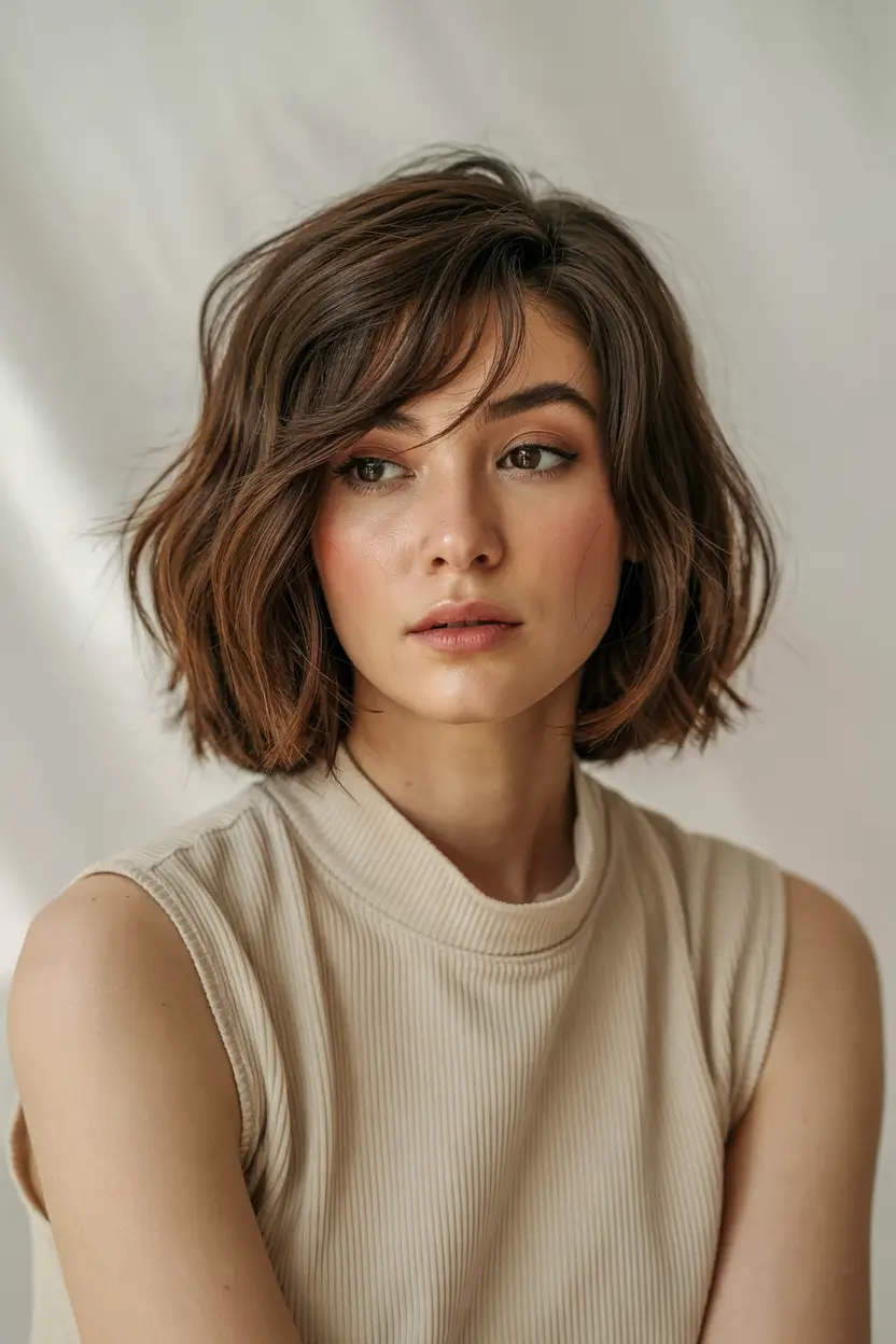 haircut for round face 2026 Textured Bob with Side Swept Bangs