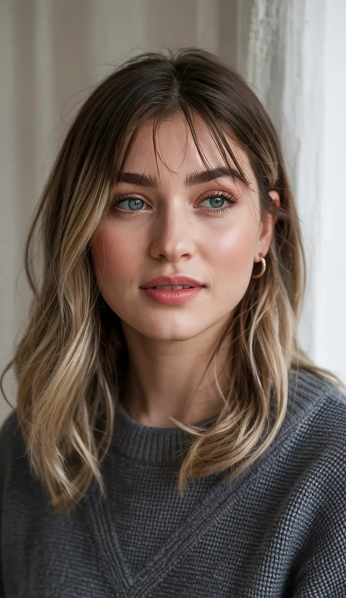 haircut for round face 2026 Soft Balayage Lob with Wispy Fringe