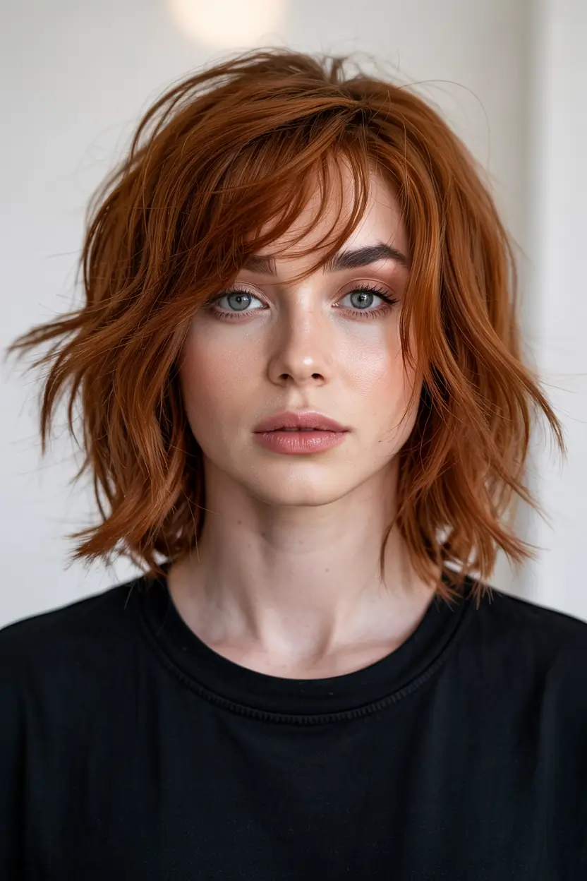 haircut for round face 2026 Textured Copper Shag