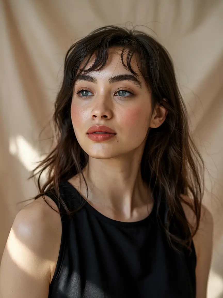 haircut for round face 2026 Airy Layers with Piecey Bangs