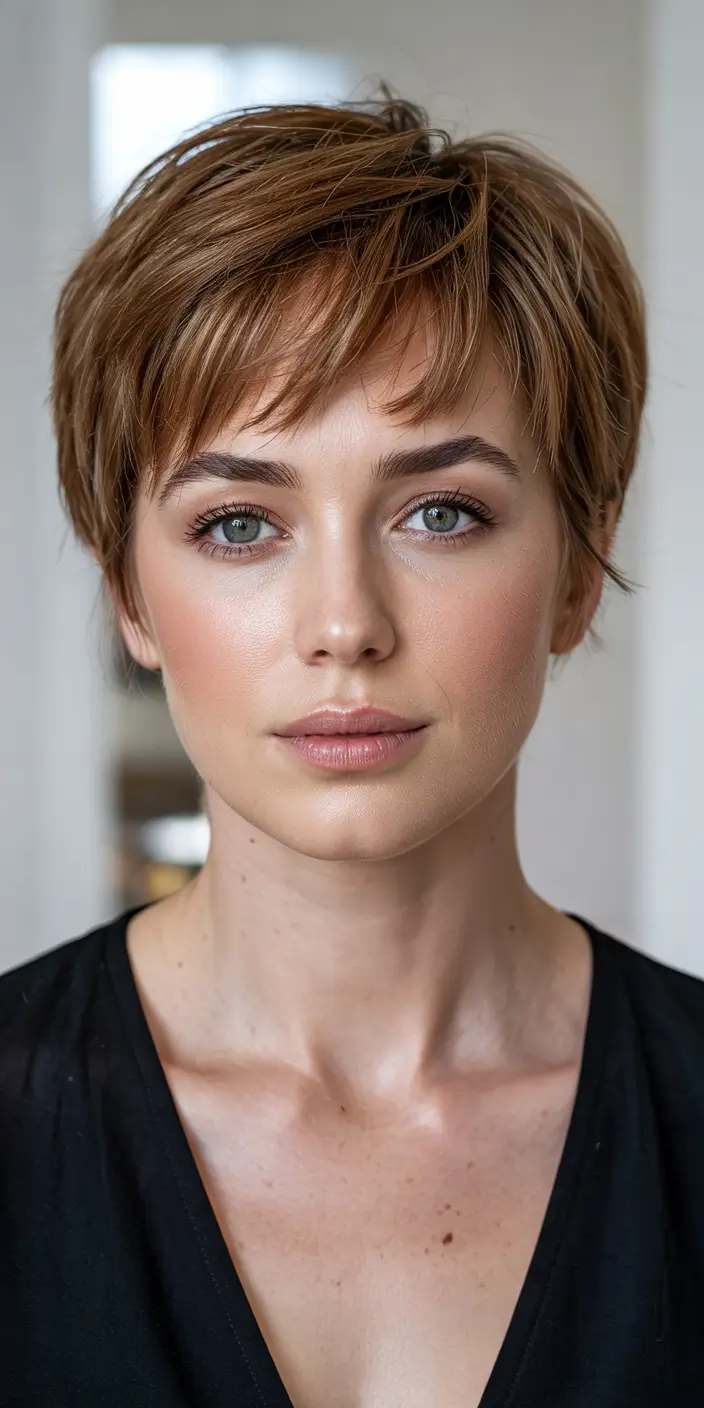 haircut for round face 2026 Modern Textured Pixie