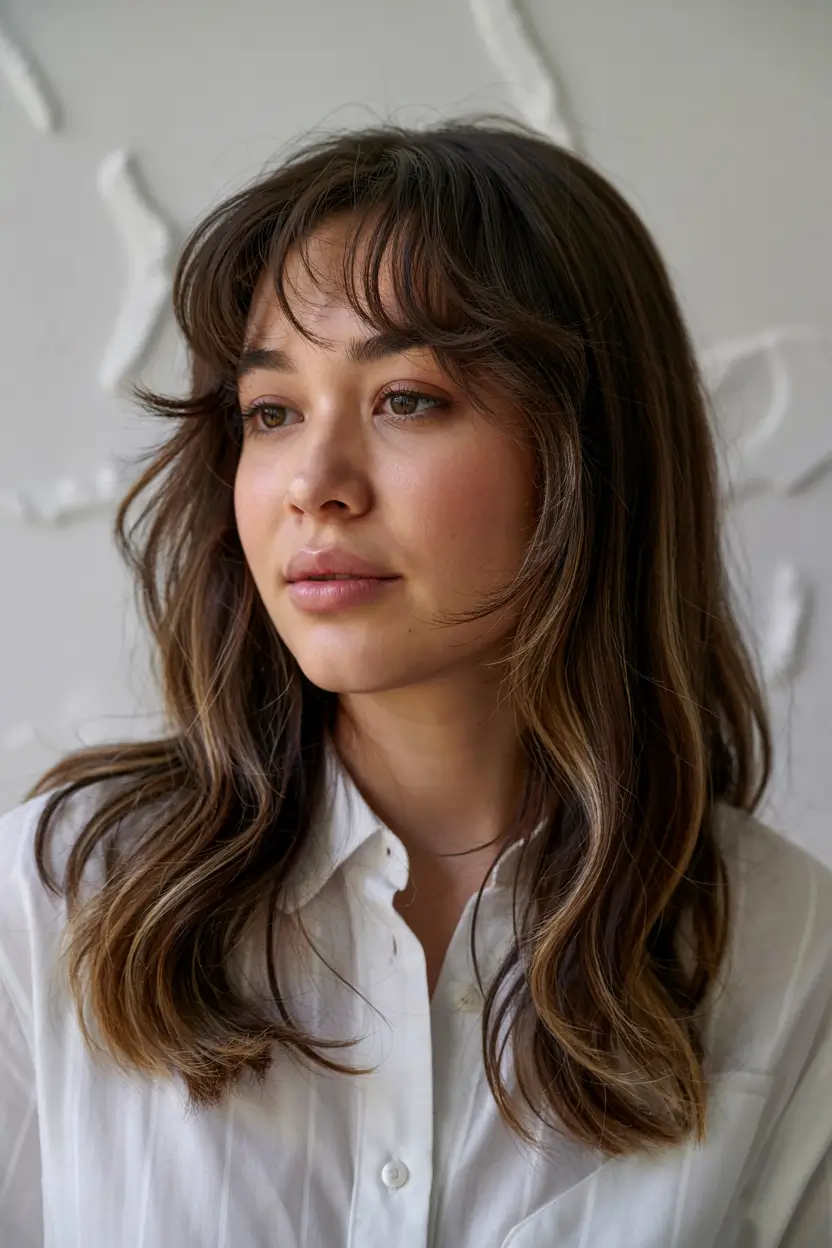 haircut for round face 2026 Layered Waves with Soft Curtain Bangs