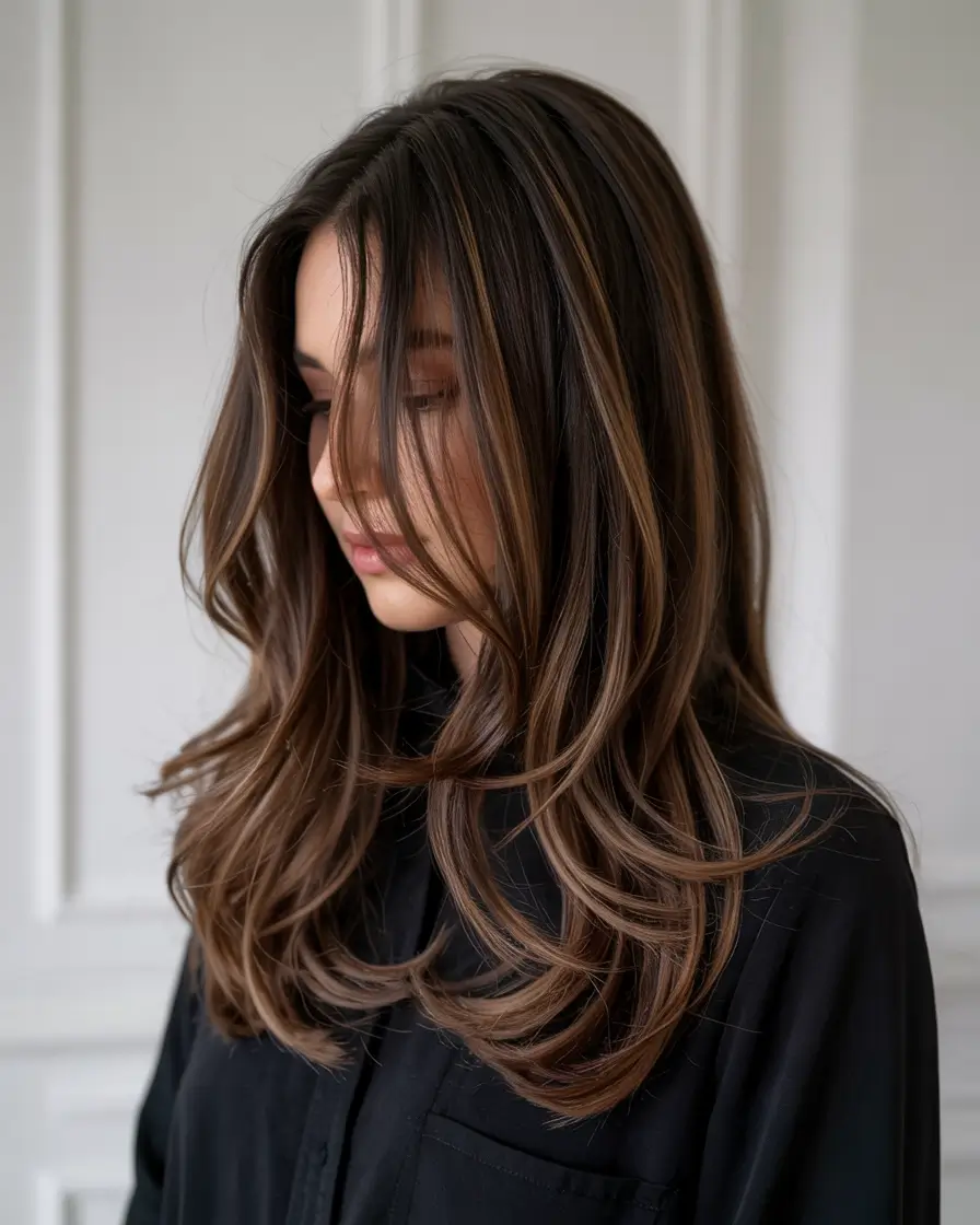 haircuts for long hair 2026 Face Framing Layers with Espresso Depth