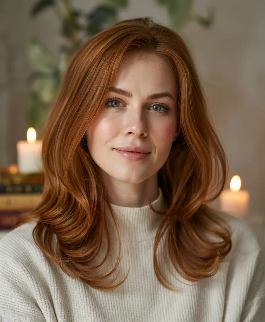 haircuts for long hair 2026 Warm Copper Glow with Step Layers