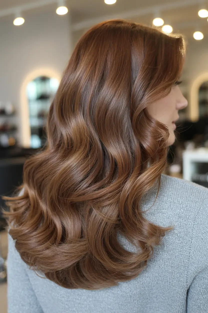 honey brown hair color 2026 Soft Cinnamon Brown With Plush Salon Waves