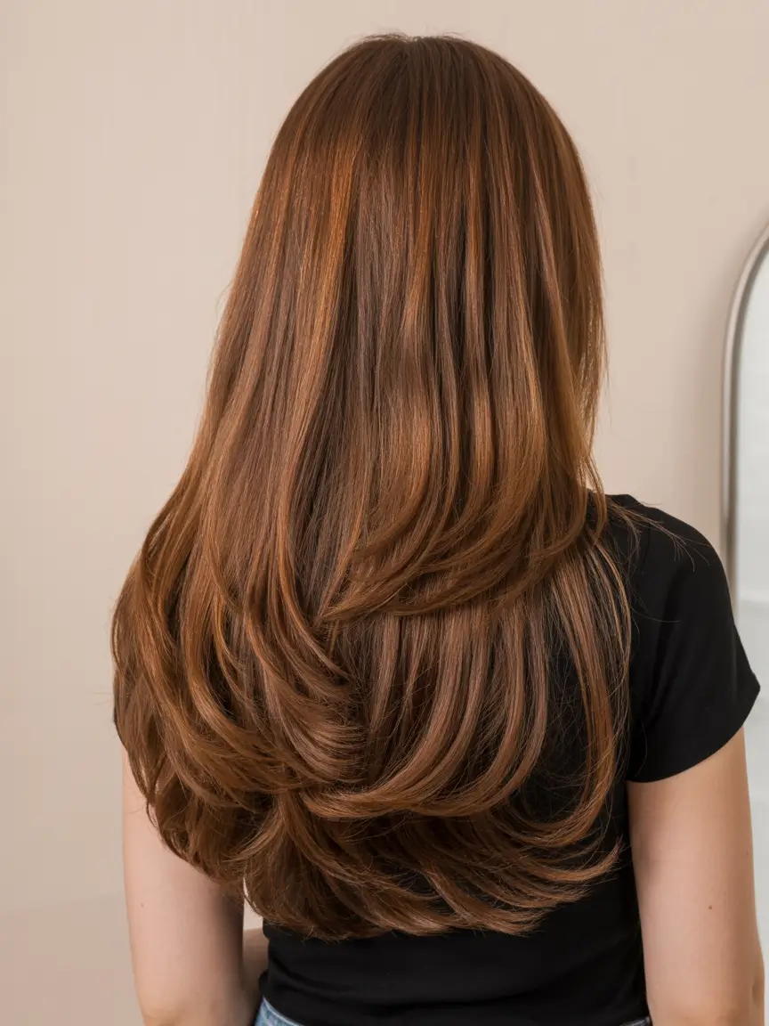 honey brown hair color 2026 Soft Layered Honey-Brown Cascade