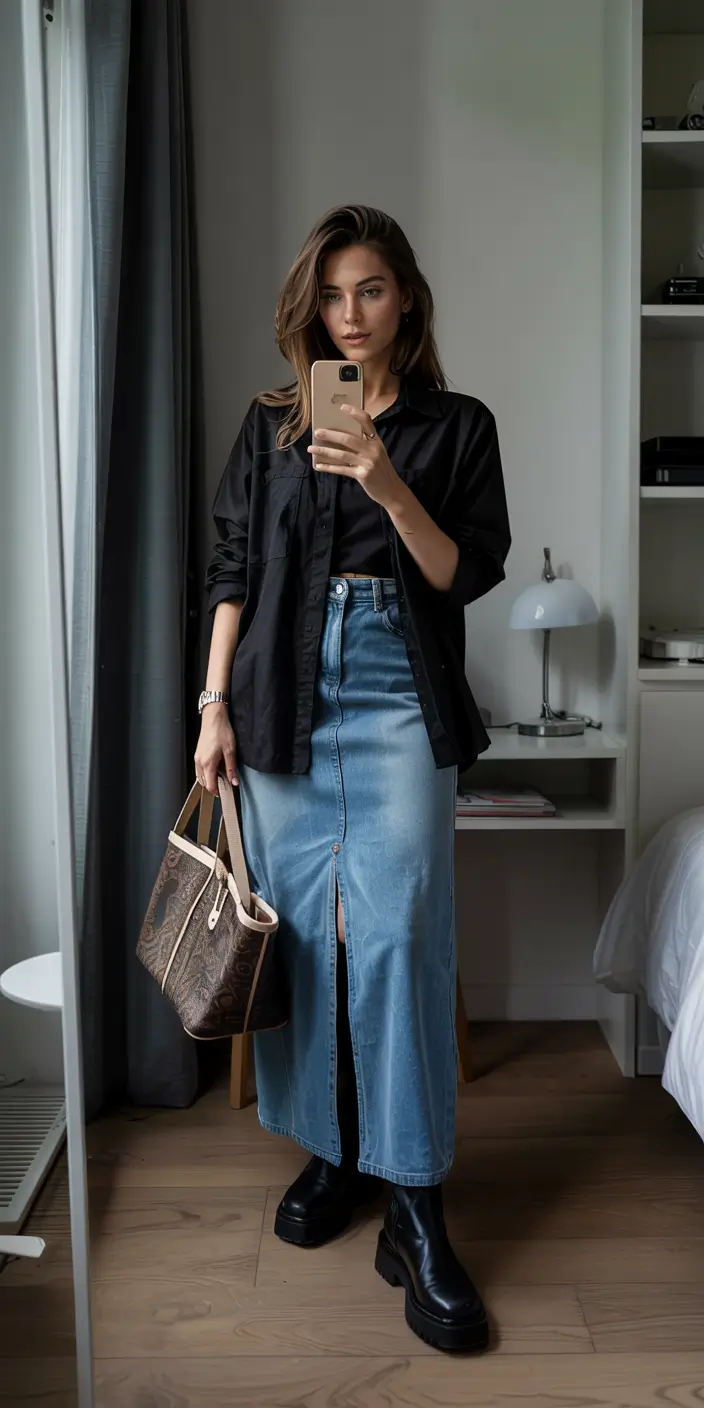 modest outfits for women 2026 Denim & Black -- The Effortless Contrast