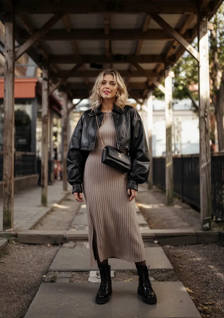 modest outfits for women 2026 Edgy Warmth with Leather and Knit