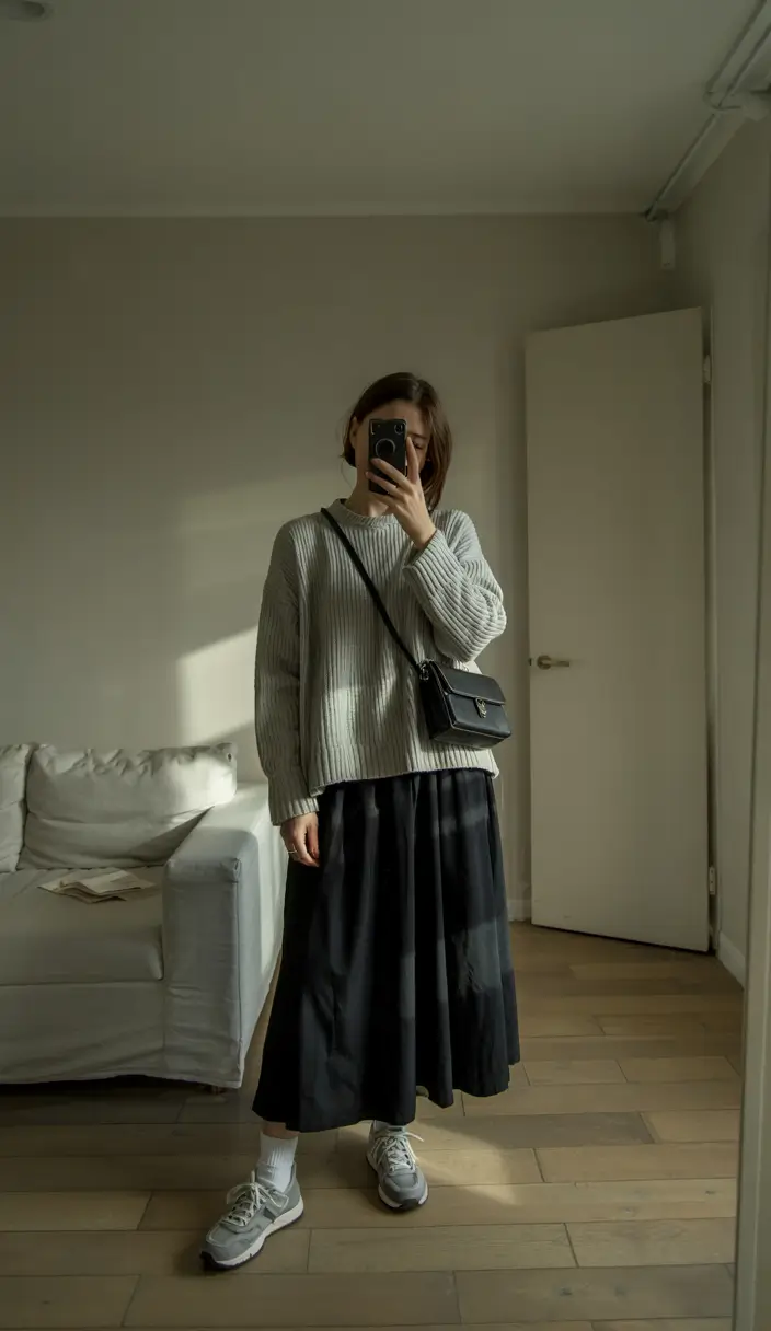 modest outfits for women 2026 Soft Knit and Dark Midi Flow