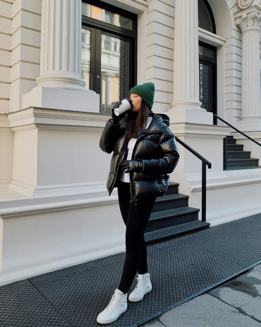new york outfits winter cold weather Glossy Puff and Green Beanie Glow