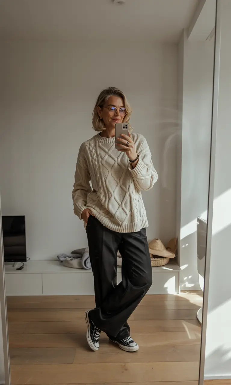 Outfit ideas for women over 50 in 2026 + Cable-Knit Calm With Easy Weekend Pants