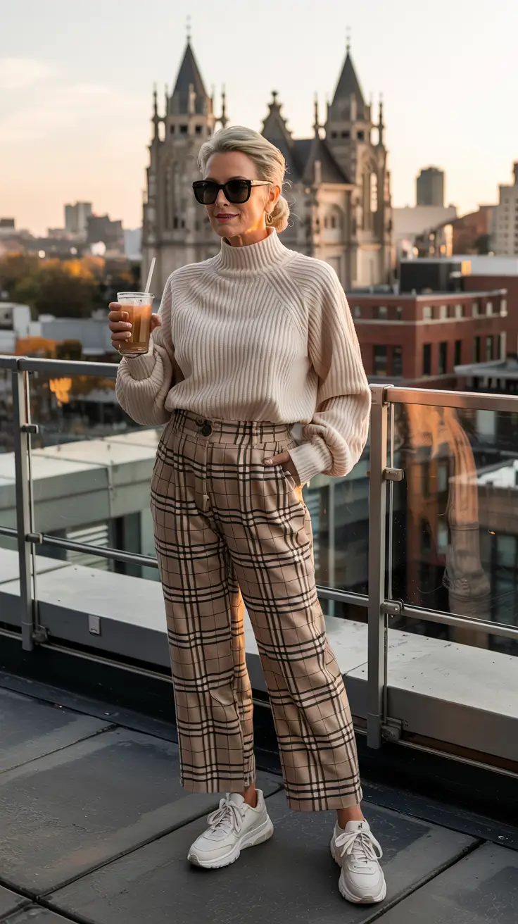 Outfit ideas for women over 50 in 2026 + Checked Trousers and Creamy Knit Minimalism