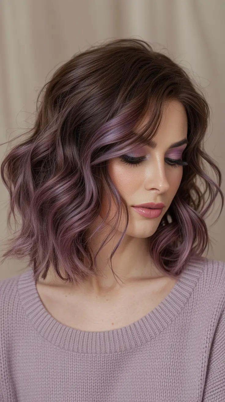 purple hair color 2026 Soft Lilac Balayage Bob
