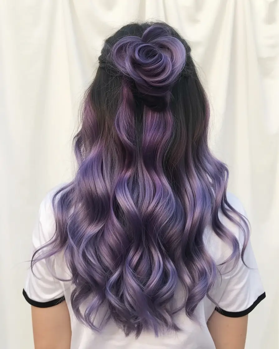 purple hair color 2026 Romantic Violet Half-Up Twist
