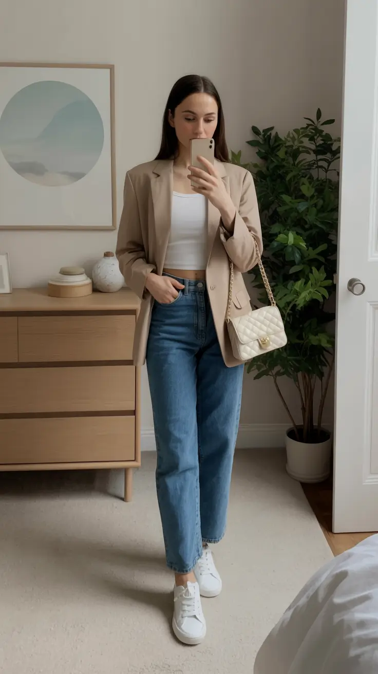 mom outfits jeans Neutral Blazer and Classic Balance
