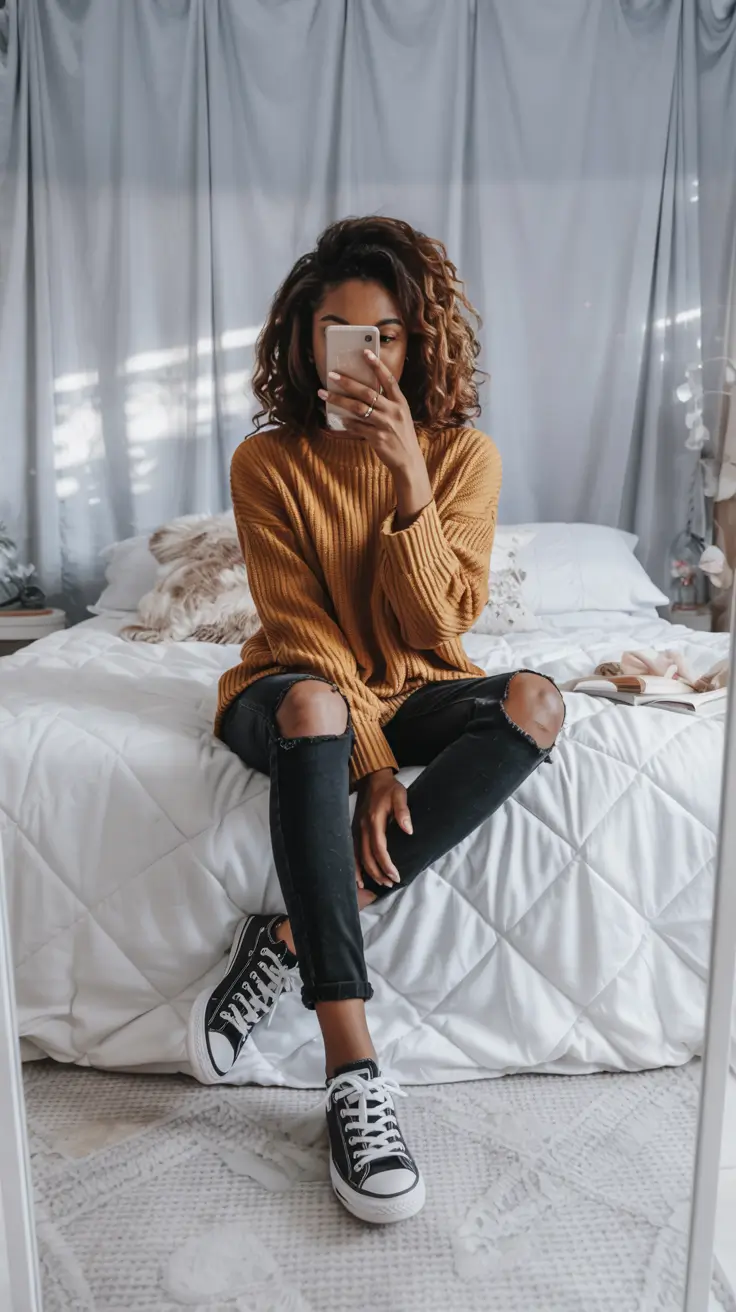 outfits for black women casual Bold Knit Comfort With Relaxed Distressed Denim