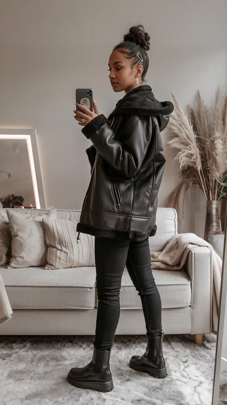 outfits for black women winter Cozy Leather Layers With a Winter-Ready Attitude