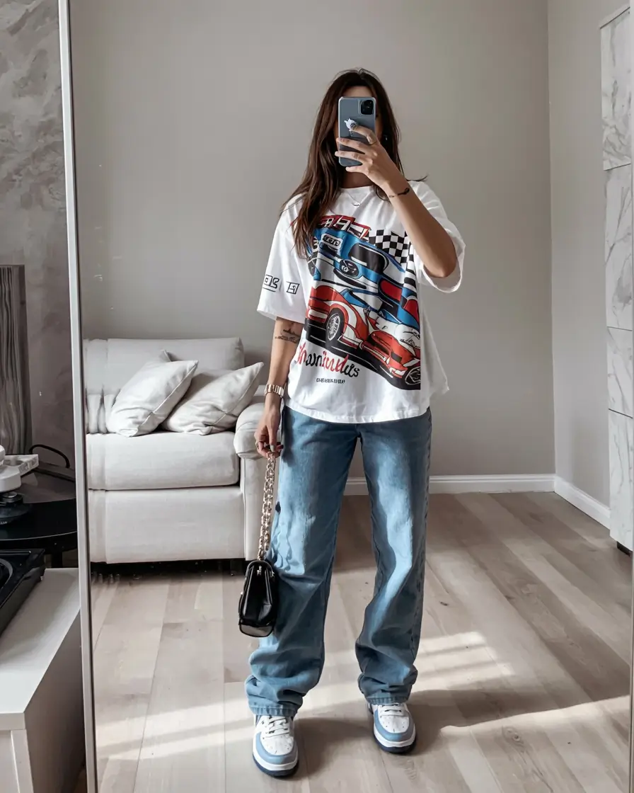 Stylish y2k outfits 2026 Retro Graphic Tee and Relaxed Denim Playfulness