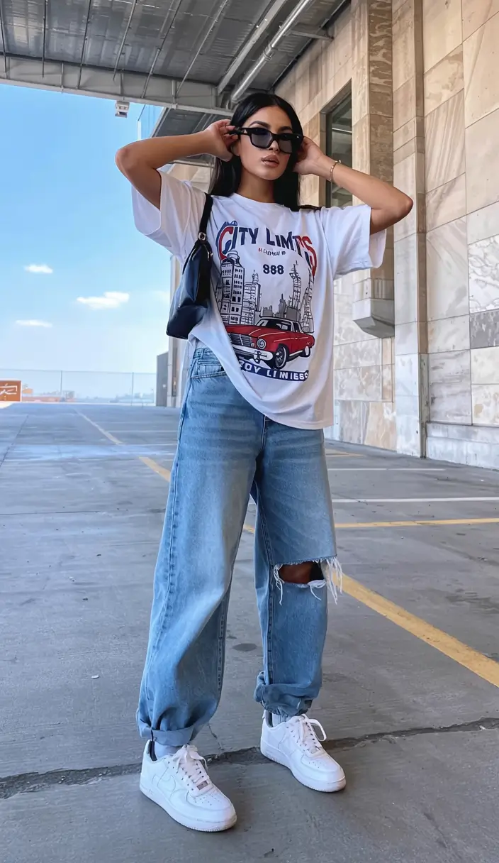 Stylish y2k outfits 2026 City Graphic Tee With Relaxed Denim Freedom