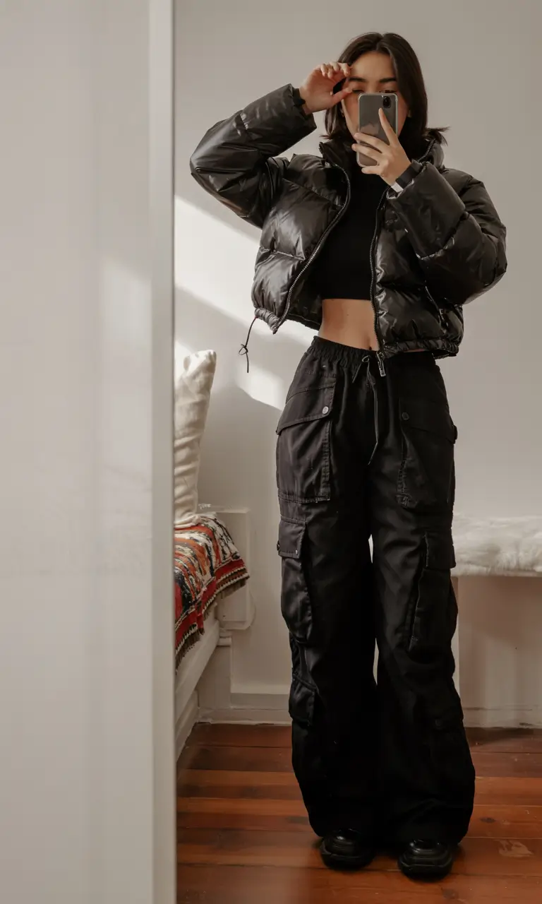 Stylish y2k outfits 2026 Matte Black Cargo Warmth for the Cold Season