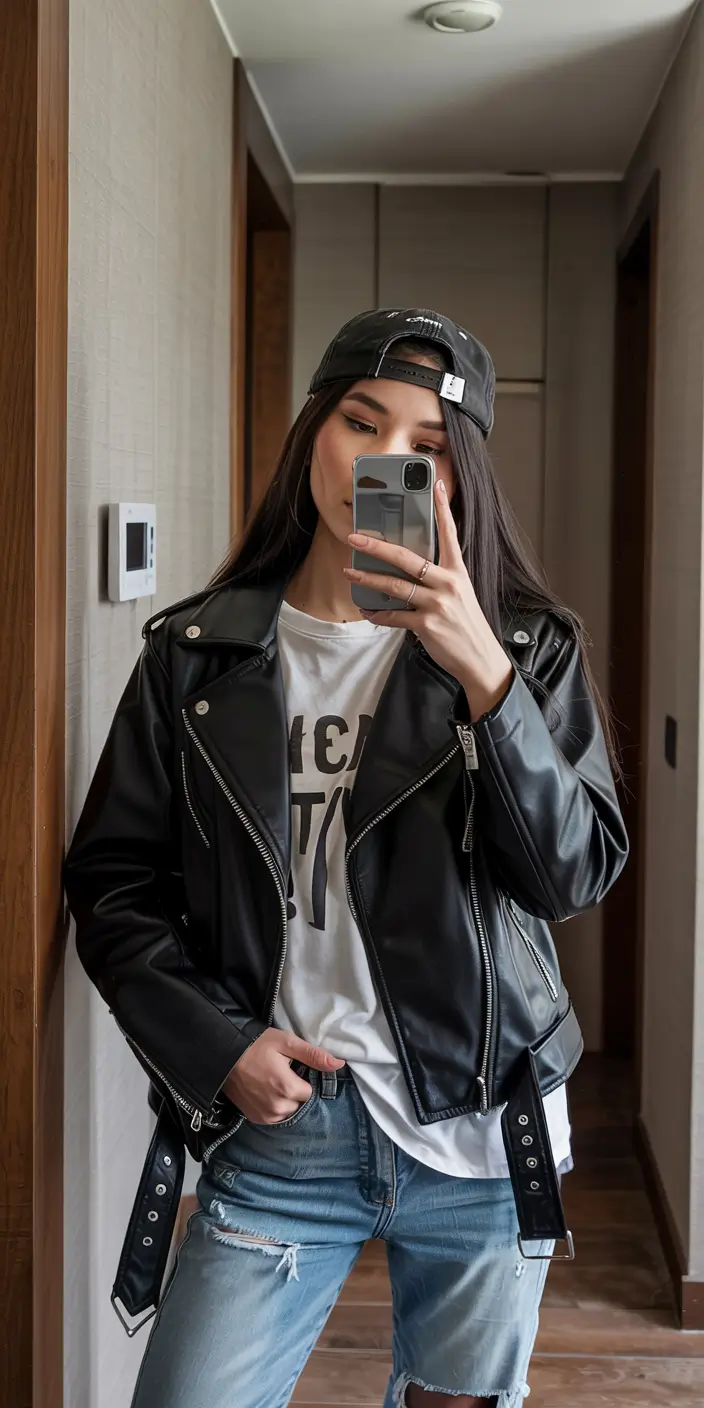 Stylish y2k outfits 2026 Classic Moto Chic With Distressed Denim