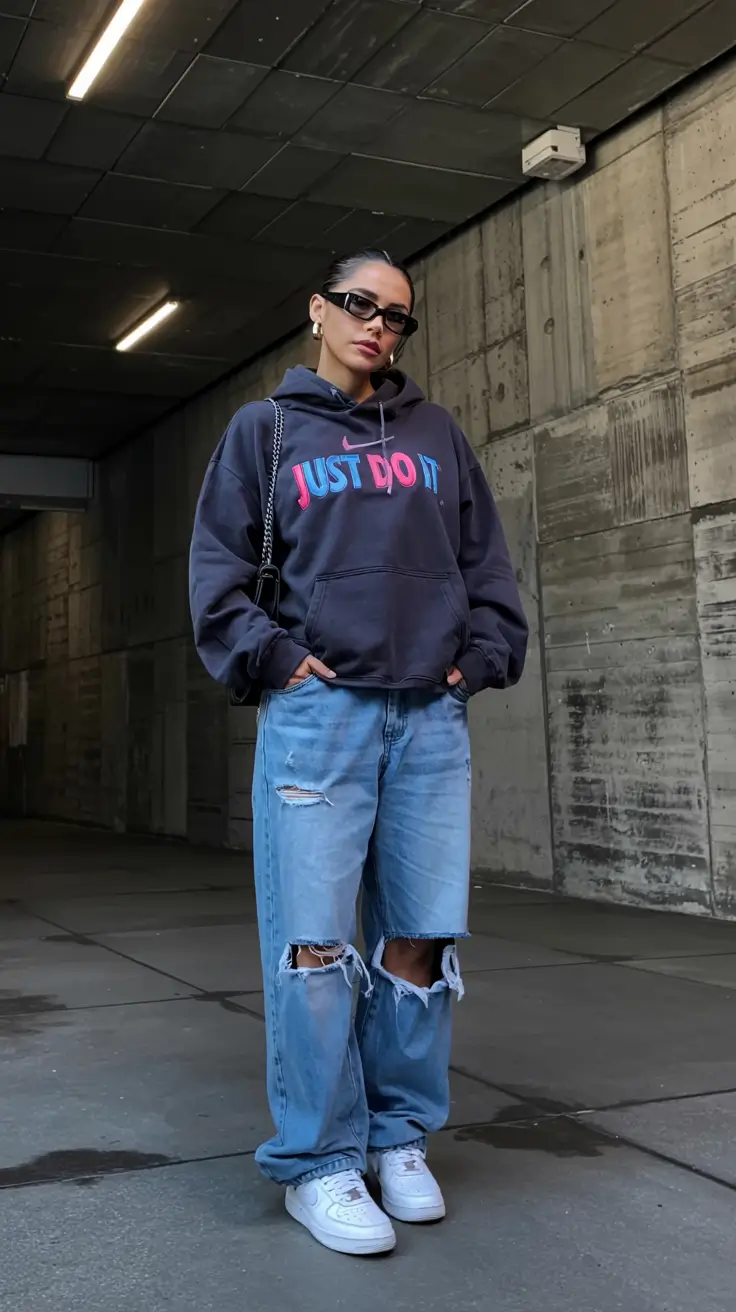 Stylish y2k outfits 2026 Distressed Denim and Graphic Hoodie Comfort