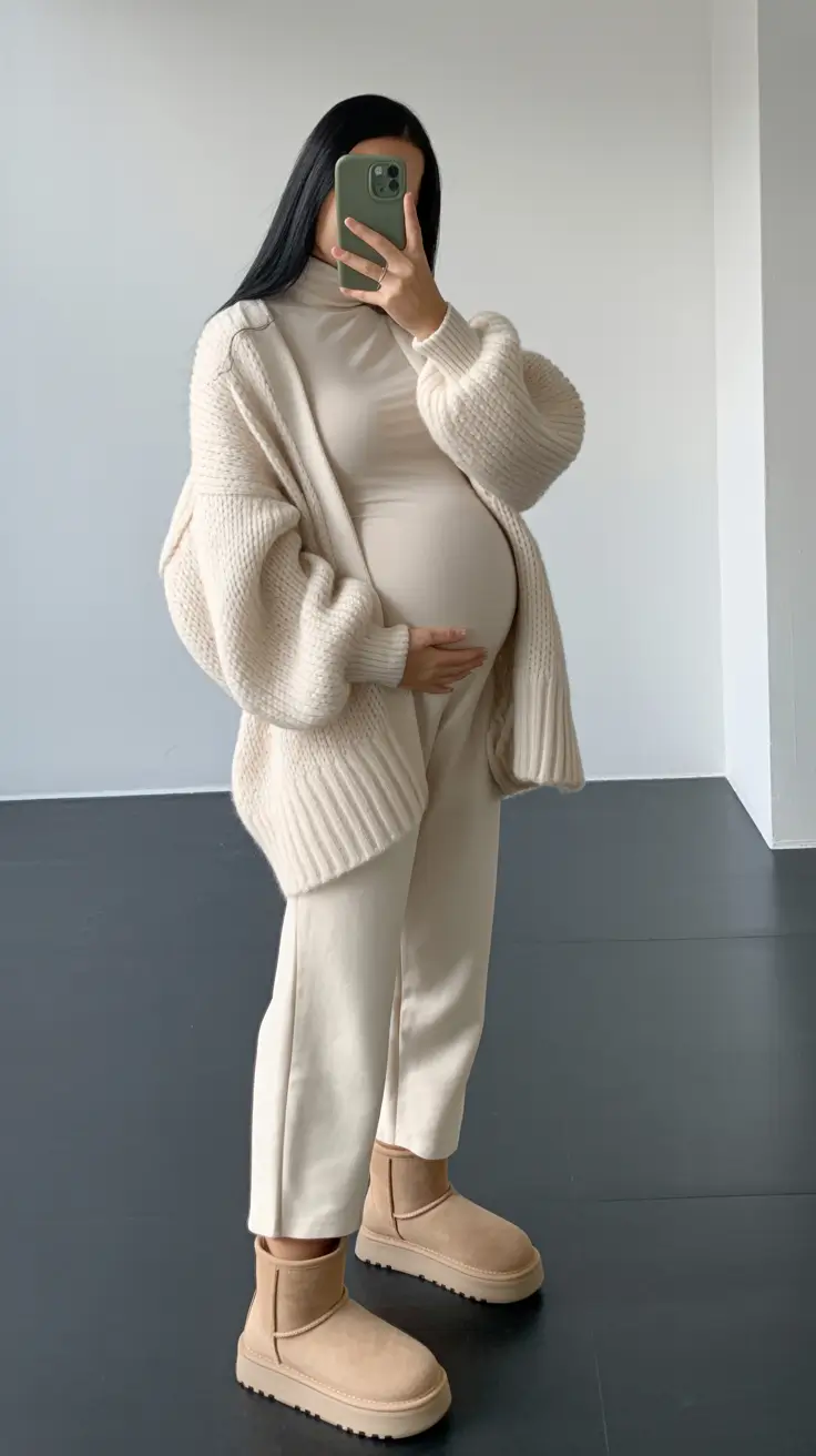 pregnancy outfits winter casual Monochrome Winter Serenity