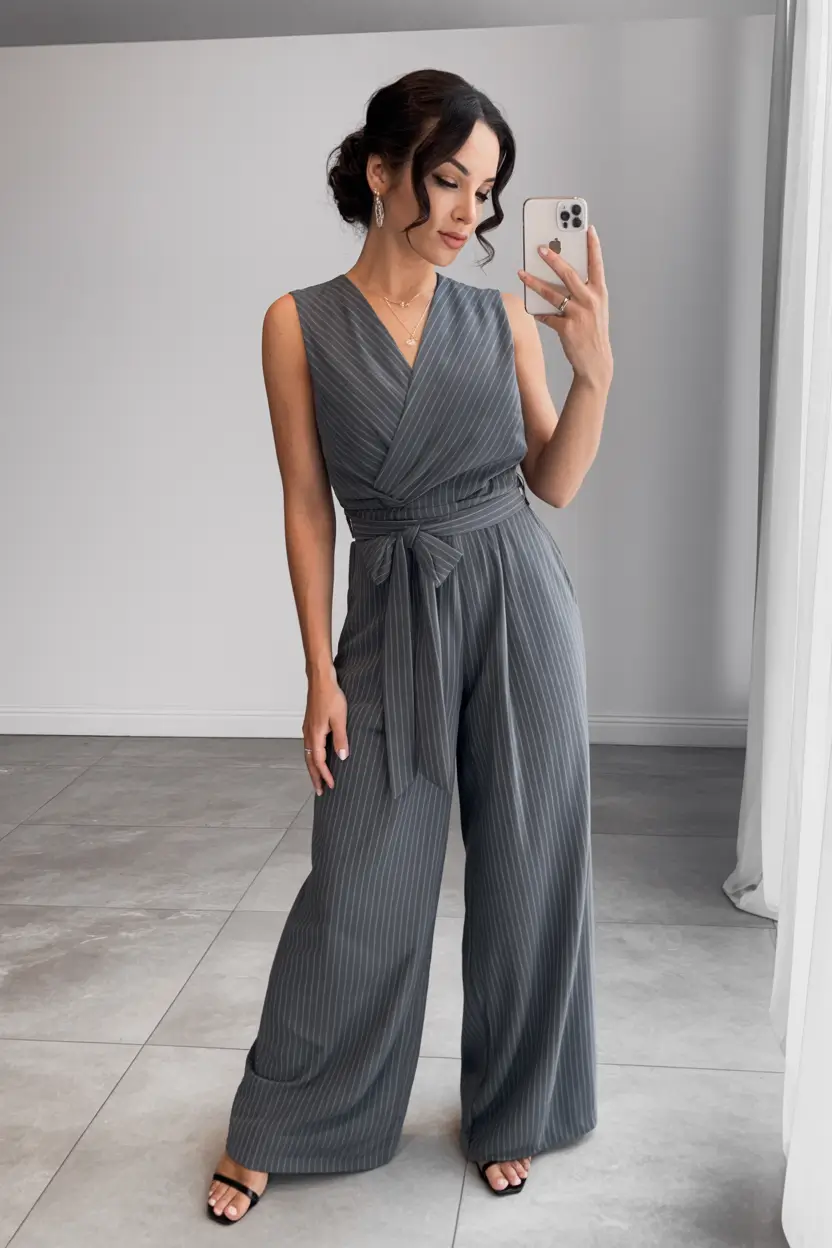 wedding guest outfits pants women Grey Pinstripe Power