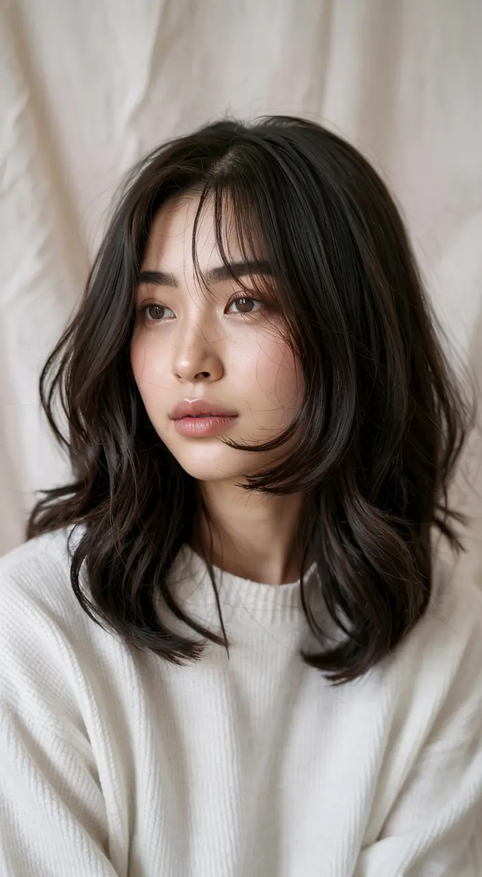 wolf haircut ideas 2026 Dark Wavy Wolf With Soft Curtain Bangs