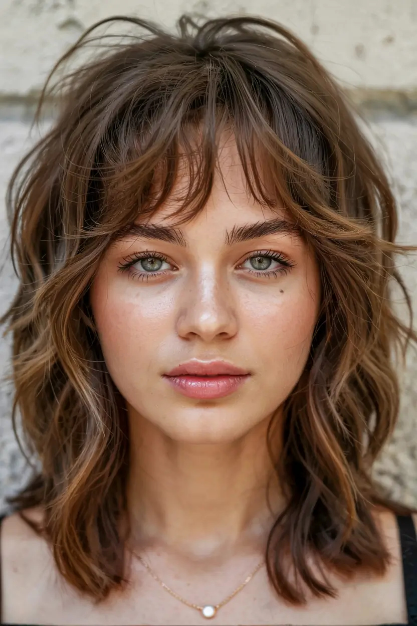 wolf haircut ideas 2026 Feathered Brunette Wolf With Baby Bangs