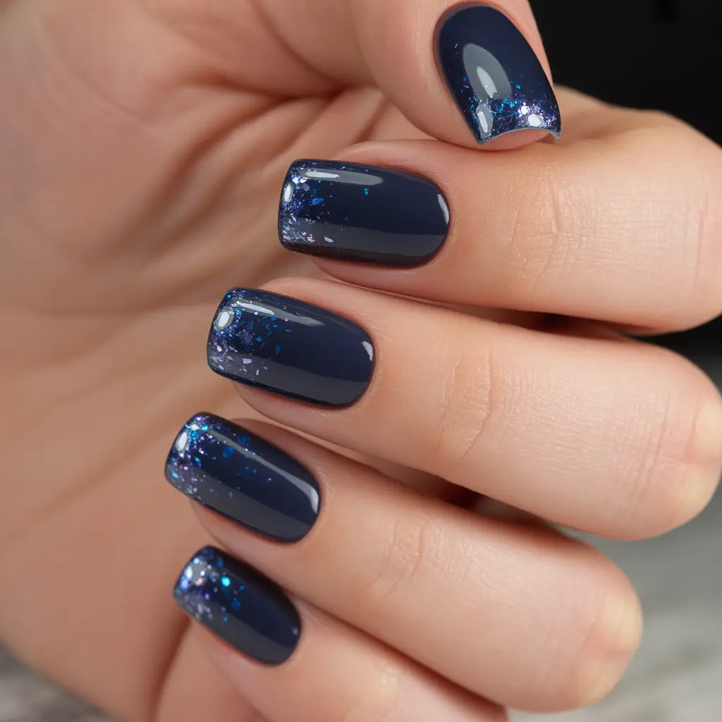 acrylic nails 2026 Blue Nightfall Elegant Short Square Glitter